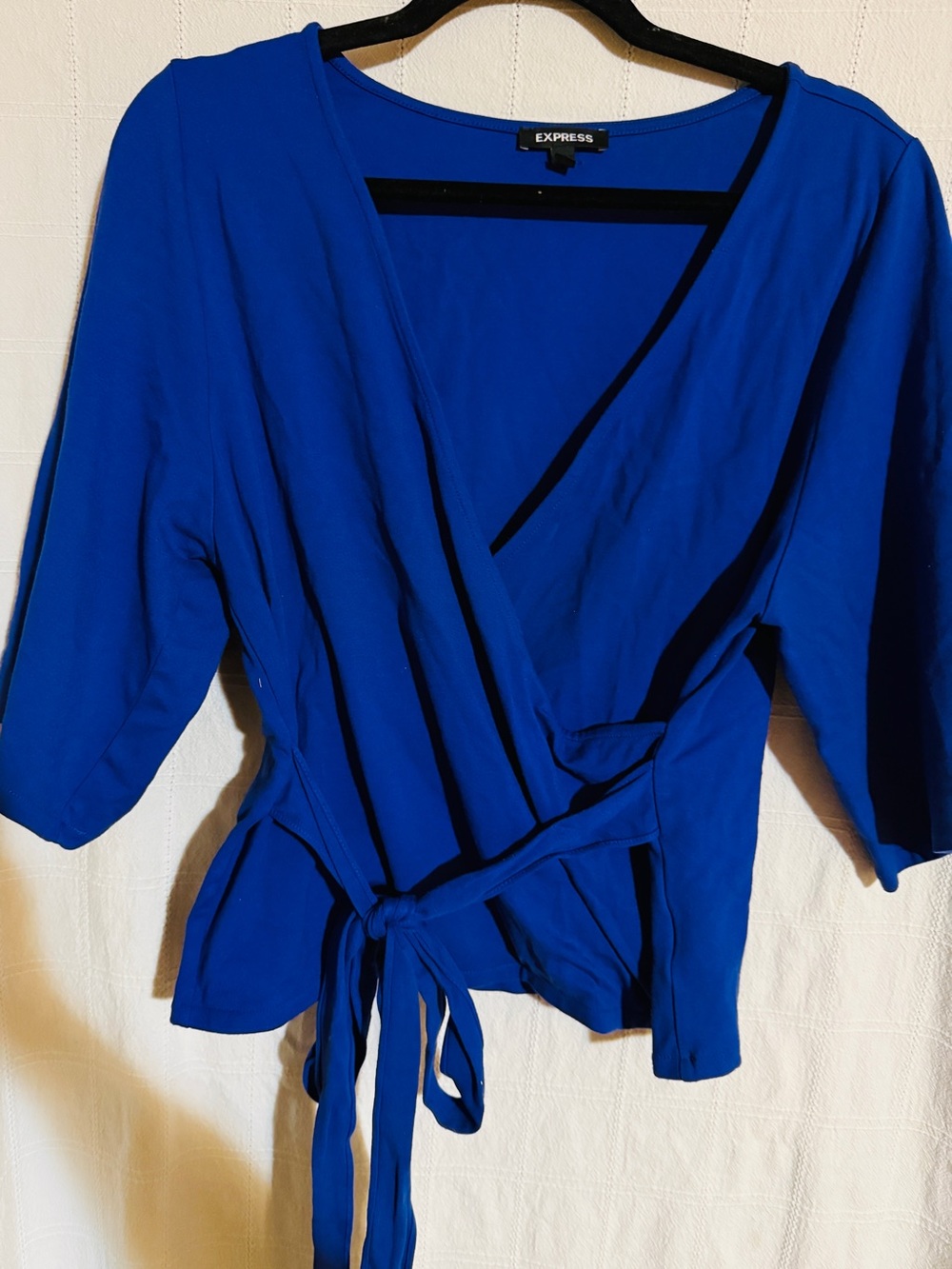 Express Women's Cobalt Blue Wrap Blouse with Tie Waist